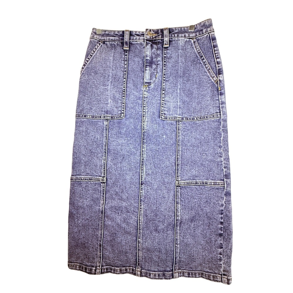 Time and Tru Womens Denim Midi Skirt Utility Patch Pocket Blue 16-TT-1609